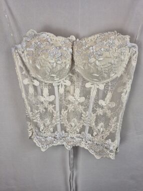 Lydia USA Ivory Lace Corset Bustier Top Medium M Beaded Sequin Bridal Fairycore